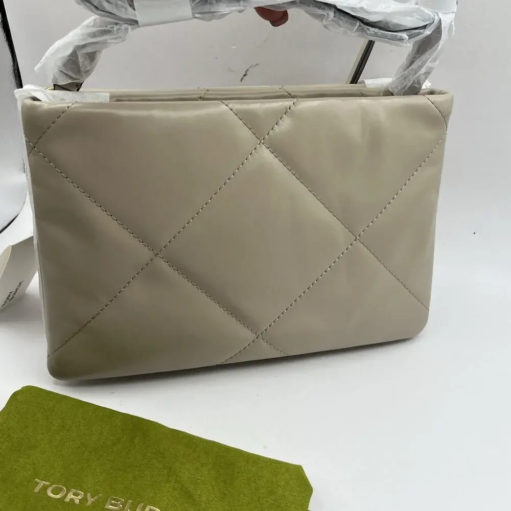 Tory Burch Small Kira Diamond Quilt Leather Shoulder Bag Light Stone Beige NWT